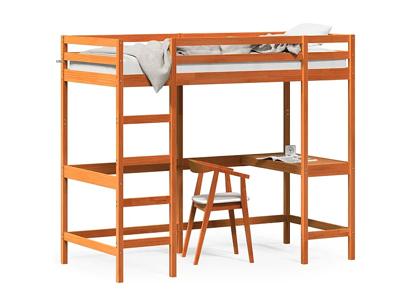 Lit mezzanine avec bureau cire marron 90x190 cm bois pin massif HOQW90679