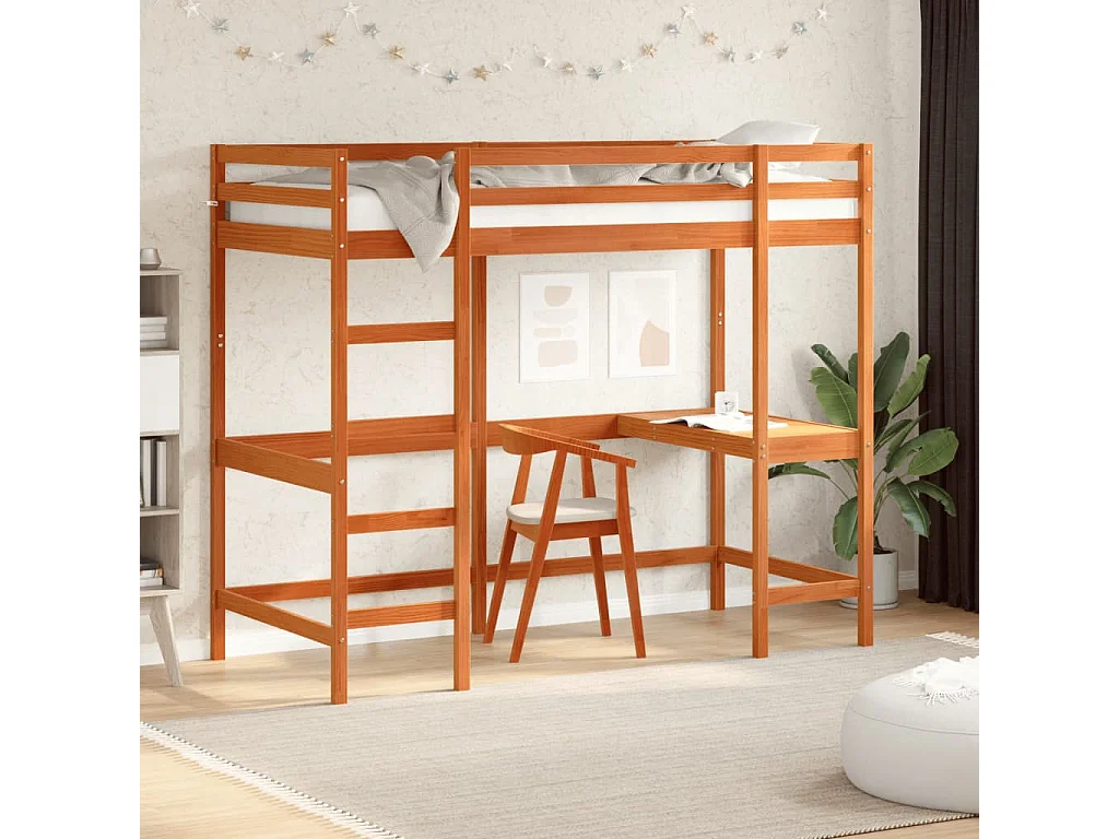 Lit mezzanine avec bureau cire marron 90x190 cm bois pin massif HOQW90679