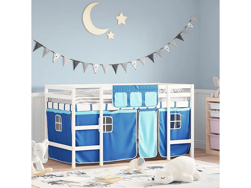 Cama alta -90x190 cm para niños con cortinas madera pino azul ES26357