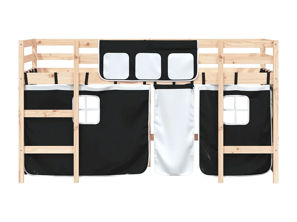 Cama alta criança c/ cortina 80x200cm pinho maciço branco/preto PT511745