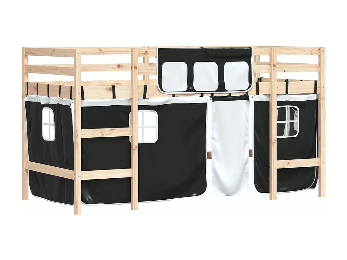 Lit mezzanine enfants et rideaux blanc/noir 80x200cm pin massif HOQW17991