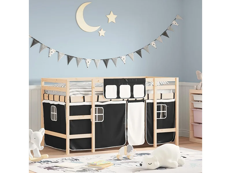 Cama alta -80x200 cm niños con cortinas madera pino blanco negro ES88129