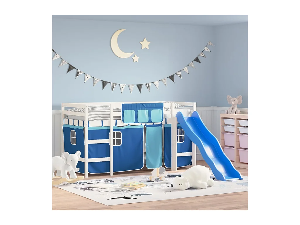 Lit mezzanine enfants et rideaux bleu 80x200cm bois pin massif HOQW39510