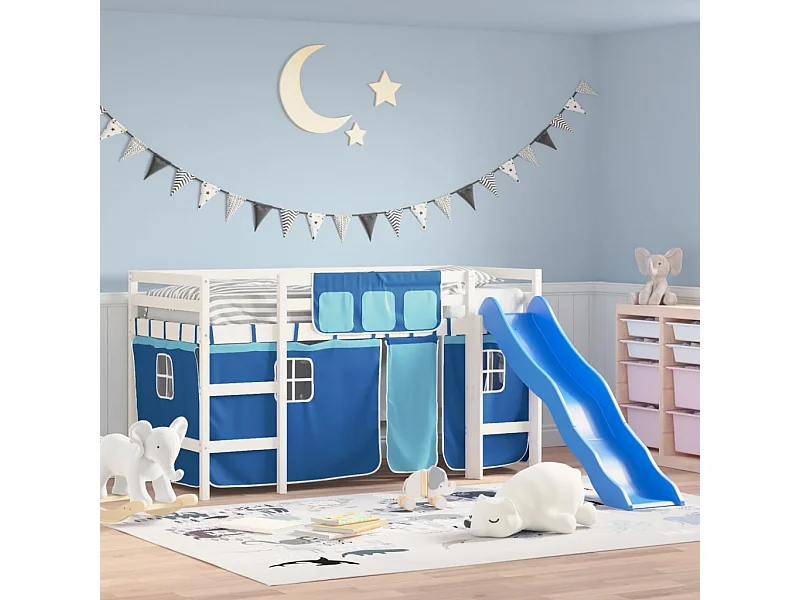 Cama alta -80x200 cm para niños con cortinas madera pino azul ES49268