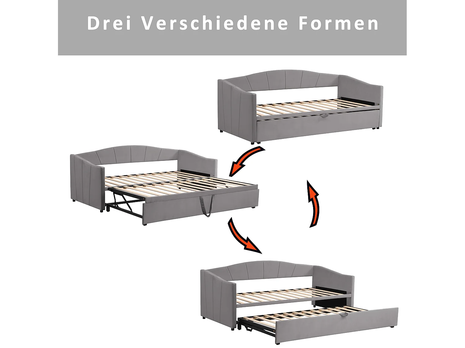 Lit rembourré gris 90 / 180 * 200 cm canapé - lit multifonctionnel extensible, tissu de velours pro - peau avec cadre à lattes,