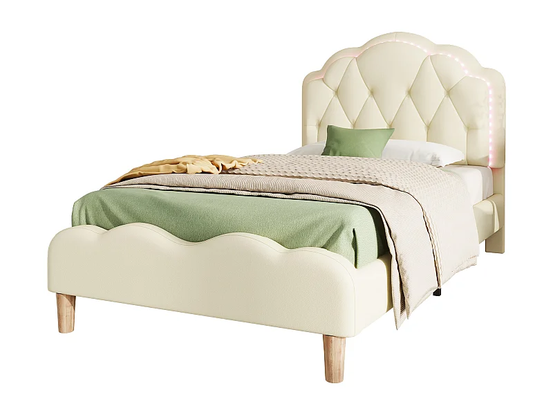 Lit rembourré simple blanc pour enfants 90x200cm, pu, tête de lit ondulée avec bandes LED alternées colorées et bandes de planches en bois