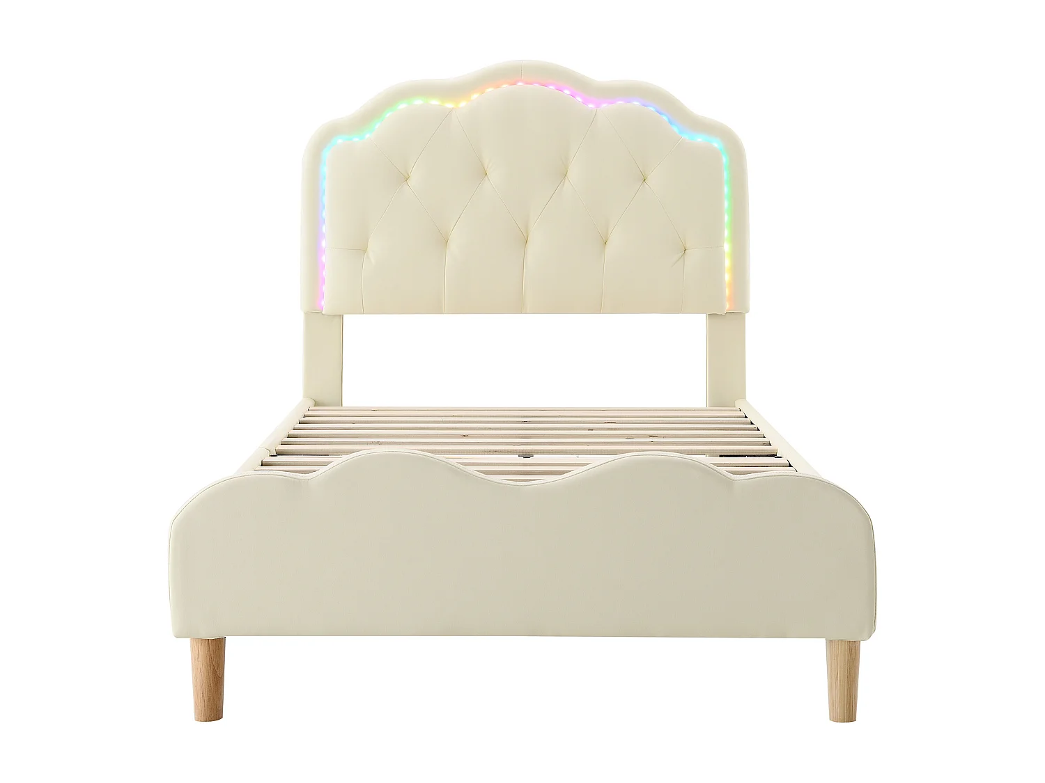 Lit rembourré simple blanc pour enfants 90x200cm, pu, tête de lit ondulée avec bandes LED alternées colorées et bandes de planches en bois