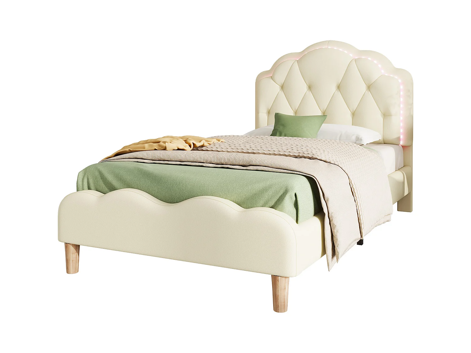 Lit rembourré simple blanc pour enfants 90x200cm, pu, tête de lit ondulée avec bandes LED alternées colorées et bandes de planches en bois