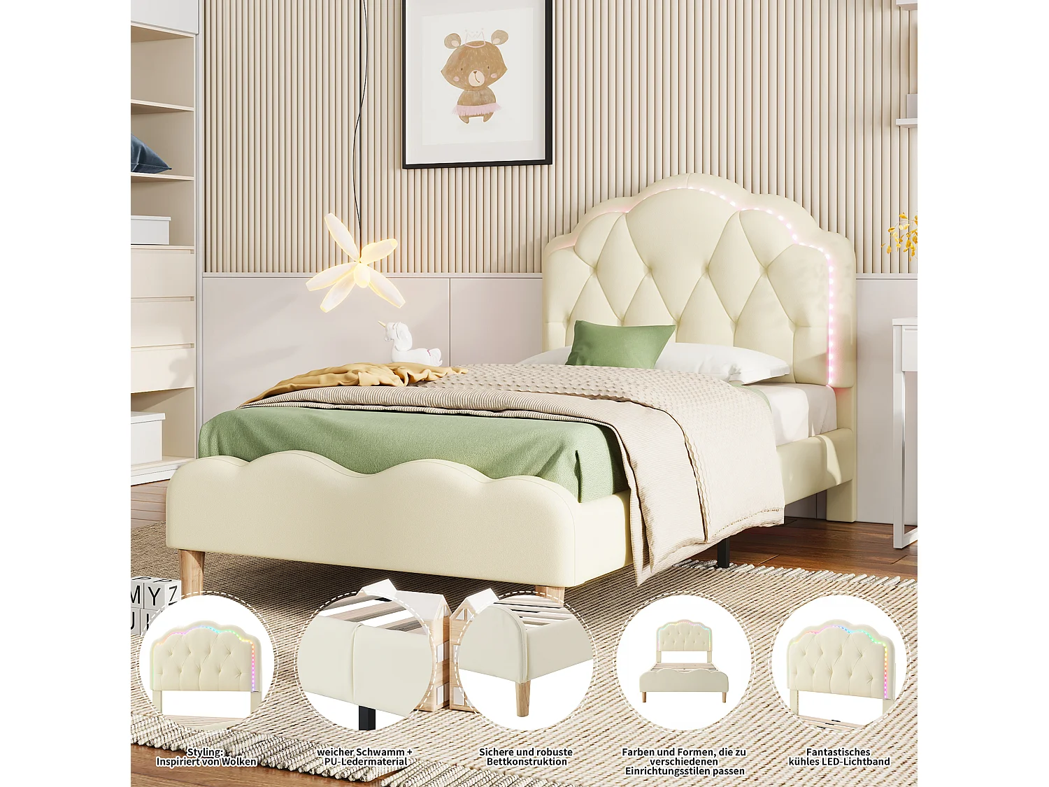 Lit rembourré simple blanc pour enfants 90x200cm, pu, tête de lit ondulée avec bandes LED alternées colorées et bandes de planches en bois