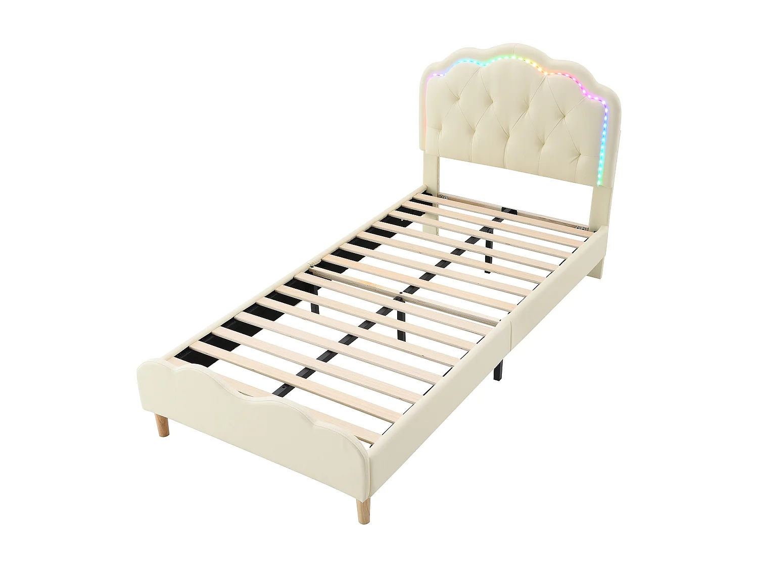 Lit rembourré simple blanc pour enfants 90x200cm, pu, tête de lit ondulée avec bandes LED alternées colorées et bandes de planches en bois