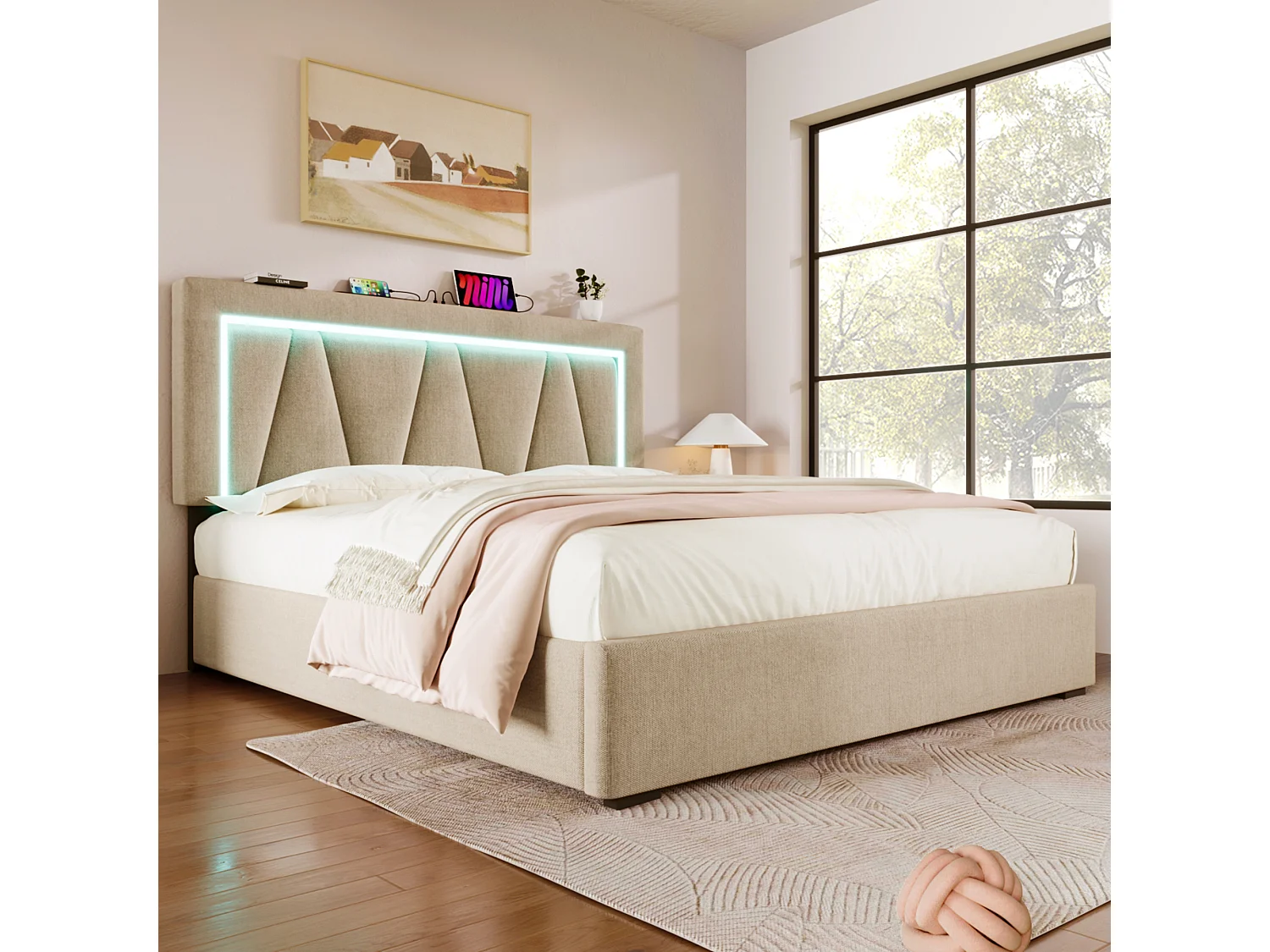 Kleines Doppelbett 140x200, mit USB C Ladefunktion und LED Beleuchtung, flacher Nudelgrill (mit Matratze)