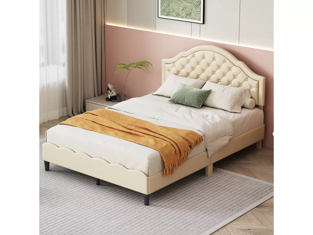 Kauf Unique Beige gepolstertes Twin-Bett 140 x 200 cm, Flat Nudeln Basis Erwachsenenbett mit PU-Leder Rückenlehne (Matratze nicht im Lieferumfang enthalten)