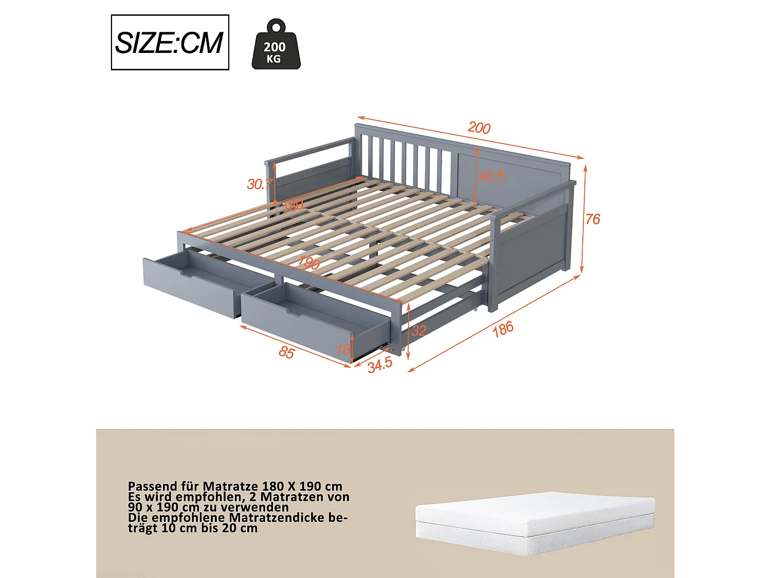 Lit 2 en 1 multifonctionnel avec lit en pin, tiroirs et lit gigogne gris