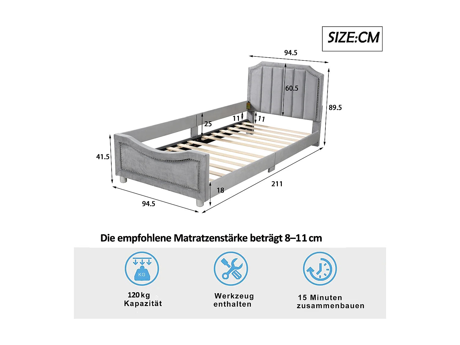 Graues Kinderbett/Eltern-Kind Bett/Jugendbett gepolstertes Bett 90,200cm Schlafsofa Multifunktionsflansch Bettrahmen