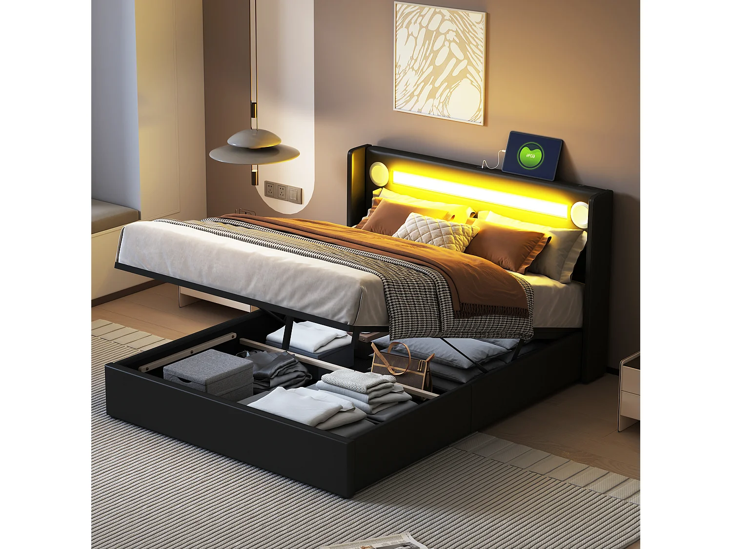 Lit double rembourré 140x200 noir avec lumière LED, lecteur Bluetooth et chargement USB, lit de rangement en cuir pu