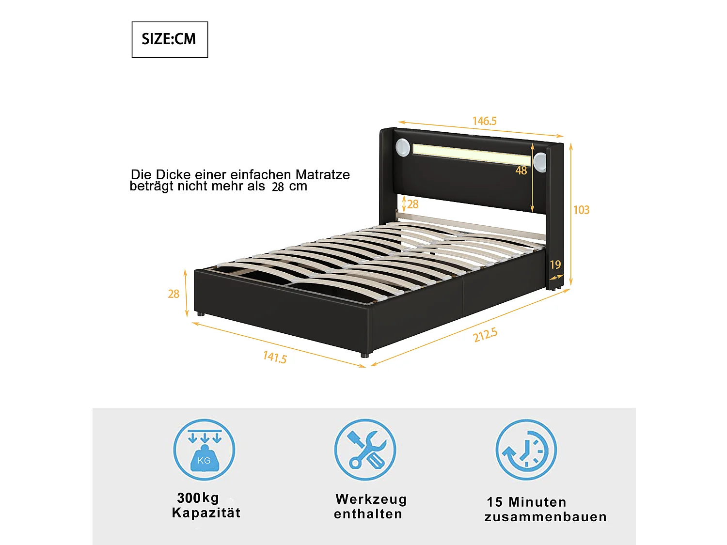 Lit double rembourré 140x200 noir avec lumière LED, lecteur Bluetooth et chargement USB, lit de rangement en cuir pu