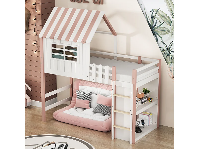 Rosa Kinderbett 90x200 cm Dachform mit Sicherheitsleiter, Stauraum Multifunktionsbett und Massivholzbett mit Lattenrahmen.