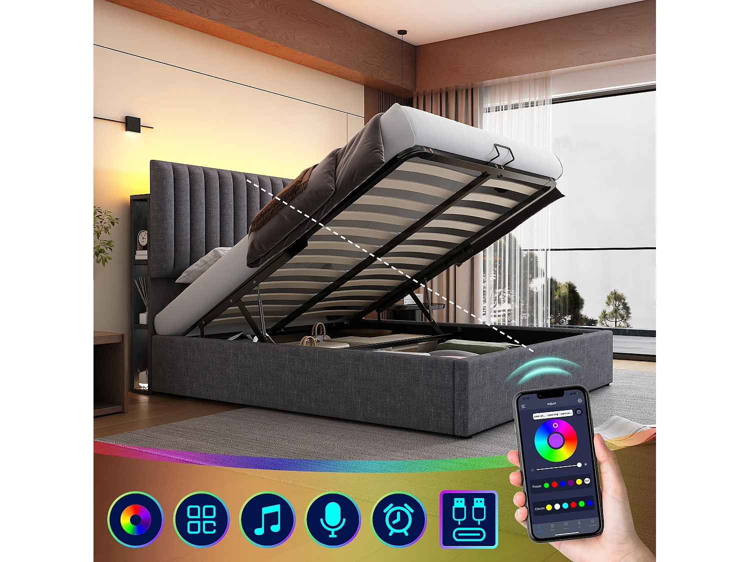 Cama acolchoada para adulto 180 x 822 cm, sem cabeceira, com faixa LED (monocromática), base com suspensão hidráulica, bege.