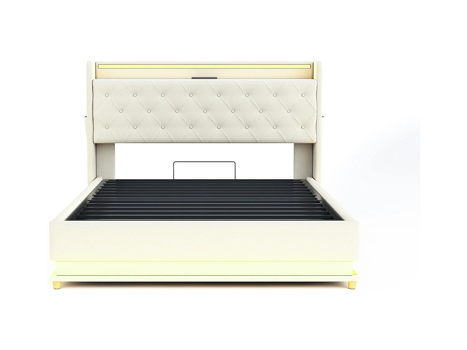 LED-Polsterbett beige 140 * 200cm, Pro-Leinenstoff - Haut mit USB-Ladeanschluss und hydraulischem Lager