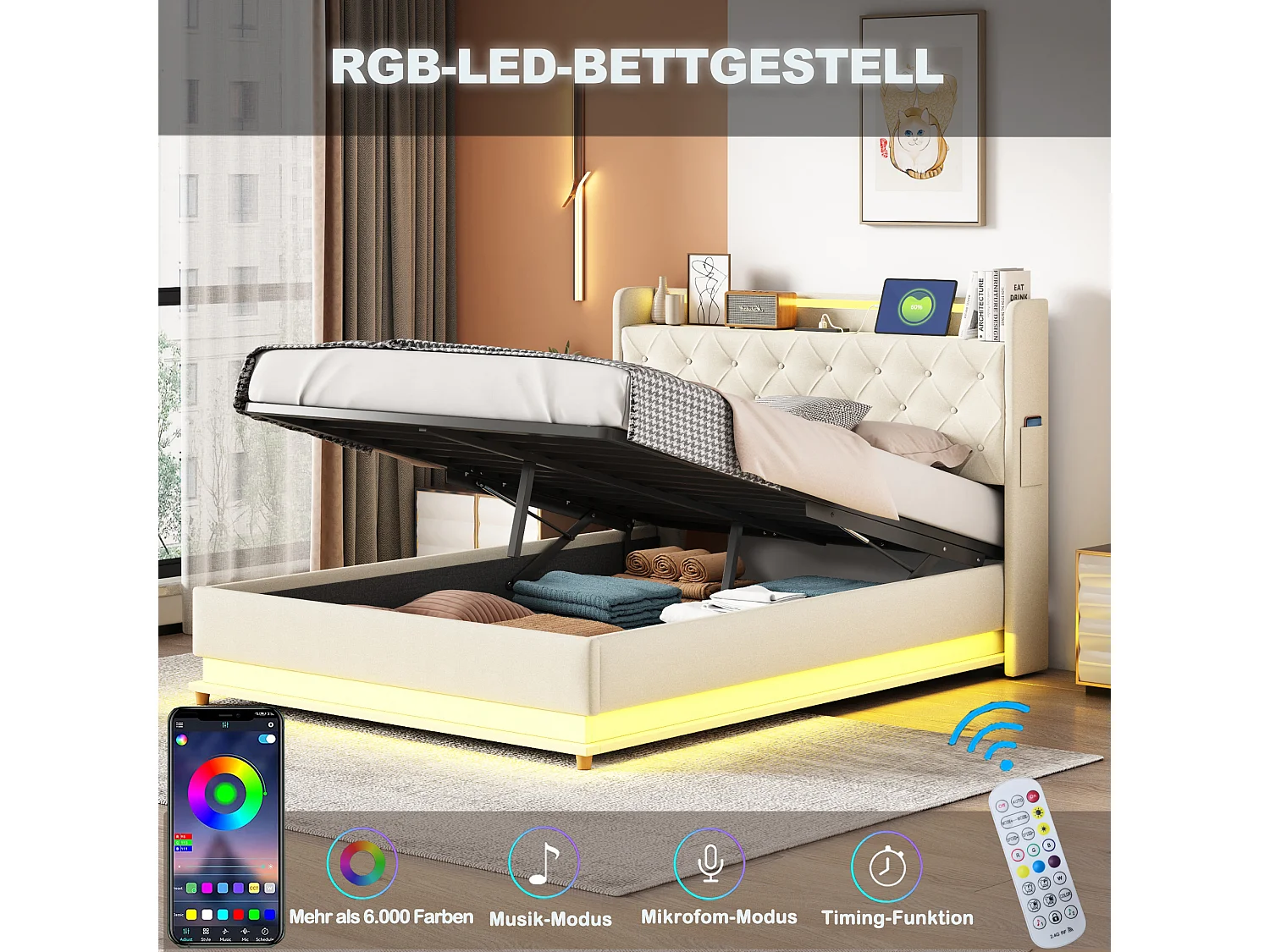 LED-Polsterbett beige 140 * 200cm, Pro-Leinenstoff - Haut mit USB-Ladeanschluss und hydraulischem Lager