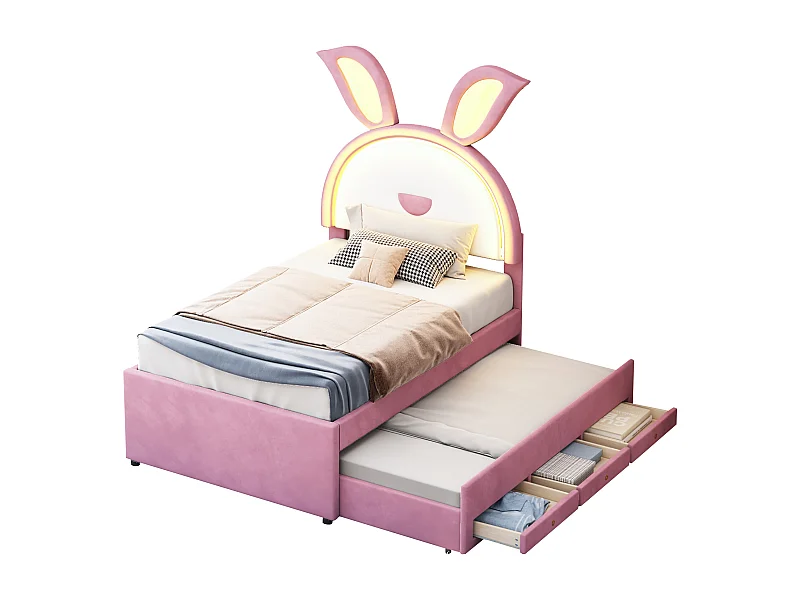 Rosa gepolstertes Kindereinzelbett 90 x 200 cm, Samtstoff, mit ausziehbarem Bett, Aufbewahrungsschublade und farbwechselndem LED-Licht