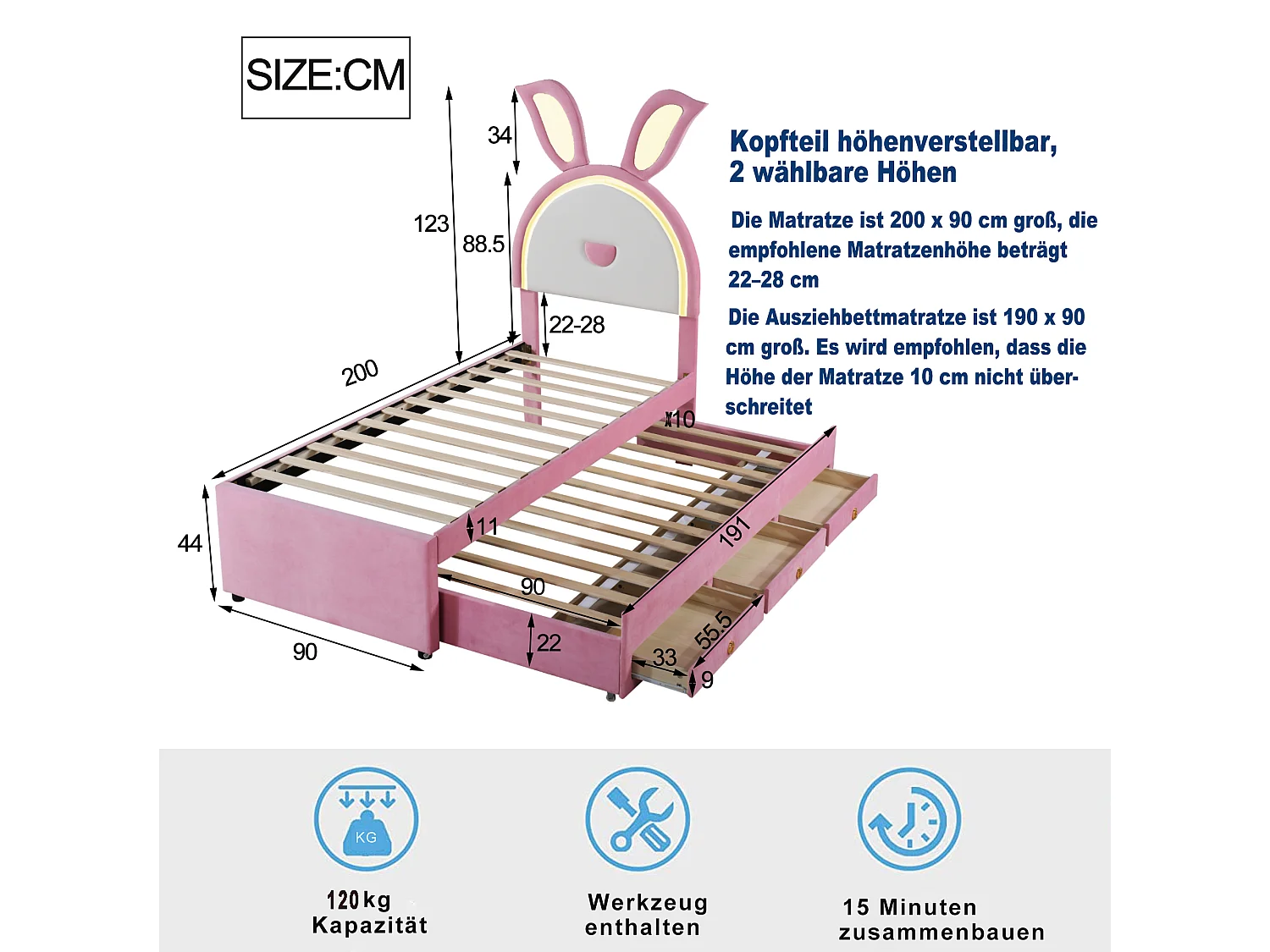 Rosa gepolstertes Kindereinzelbett 90 x 200 cm, Samtstoff, mit ausziehbarem Bett, Aufbewahrungsschublade und farbwechselndem LED-Licht