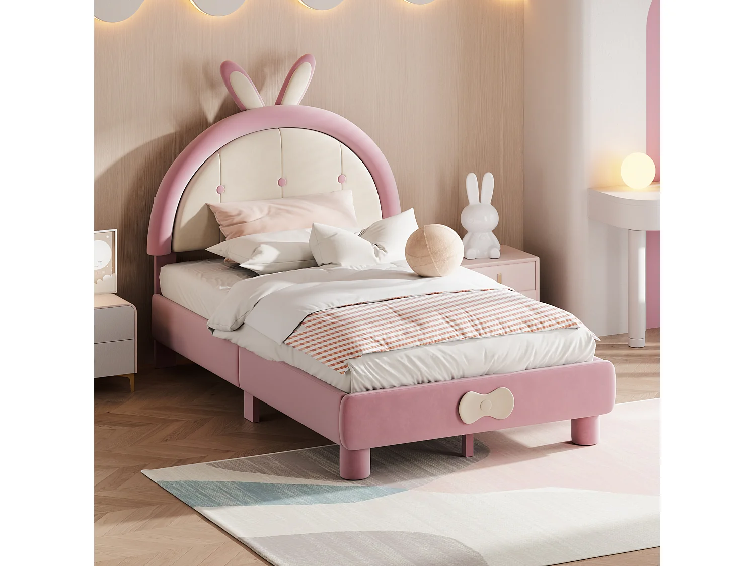 Lit enfant rembourré Rose 90 x 200 cm, tissu velours, cadre de lit avec tête de lit ronde et cadre à Lattes