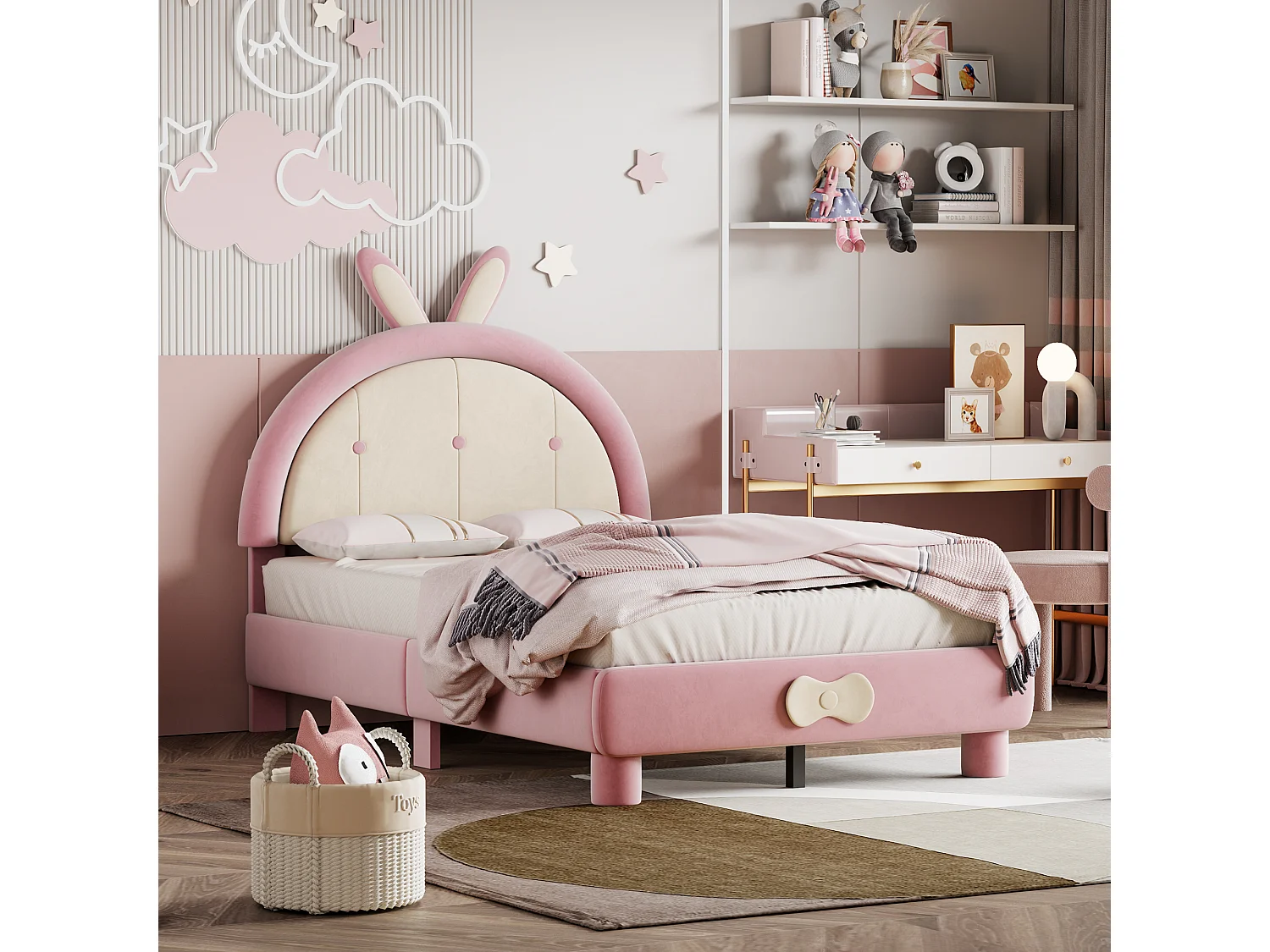 Lit enfant rembourré Rose 90 x 200 cm, tissu velours, cadre de lit avec tête de lit ronde et cadre à Lattes