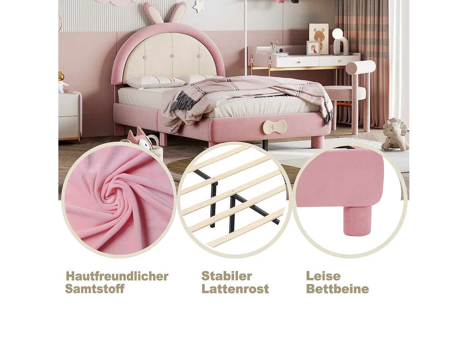 Lit enfant rembourré Rose 90 x 200 cm, tissu velours, cadre de lit avec tête de lit ronde et cadre à Lattes