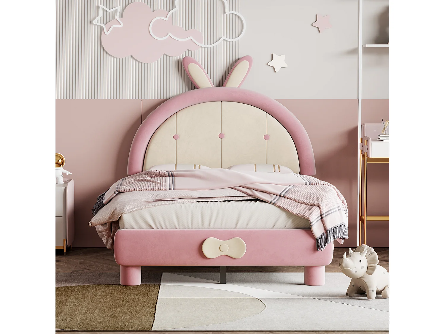 Lit enfant rembourré Rose 90 x 200 cm, tissu velours, cadre de lit avec tête de lit ronde et cadre à Lattes