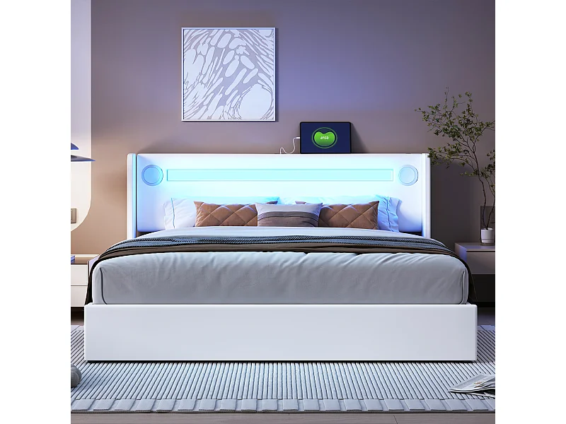 Cama acolchoada para adulto 180 x 758 cm, sem cabeceira, com faixa LED (monocromática), base com suspensão hidráulica, bege.