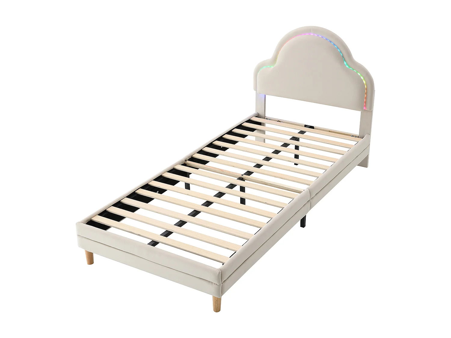 Lit rembourré enfants simple beige 90x200cm, velours, avec tête de lit en nuage, bandes LED interchangeables colorées et bandes de planches en bois