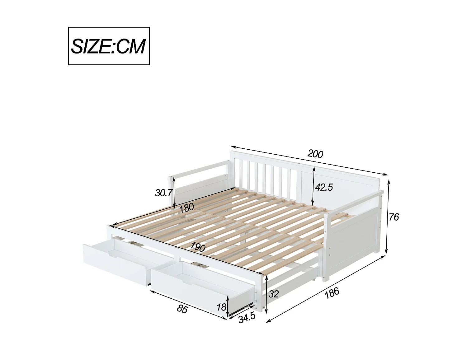 Cama de día multifuncional 2 en 1 con cama de pino, cajones y cama nido blanca