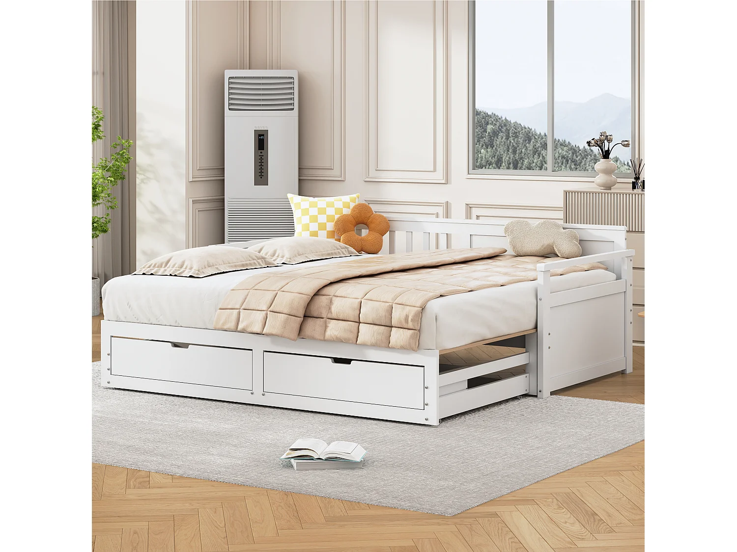 Cama de día multifuncional 2 en 1 con cama de pino, cajones y cama nido blanca