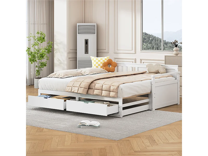 Letto multifunzionale 2 in 1 con letto in legno di pino, cassetti e letto a scomparsa bianco