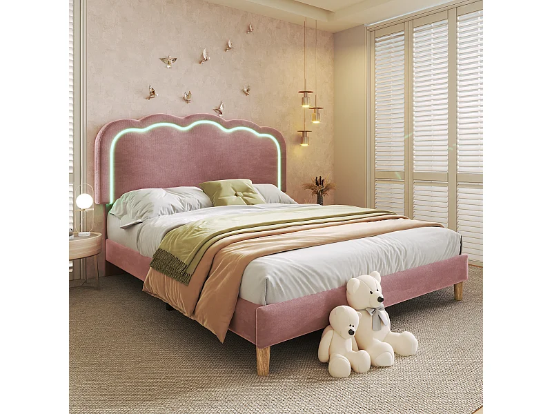 Cama tapizada Rose LED Marco de cama Twin 140 x 200 cm con soporte de fideos planos y cabecero ajustable