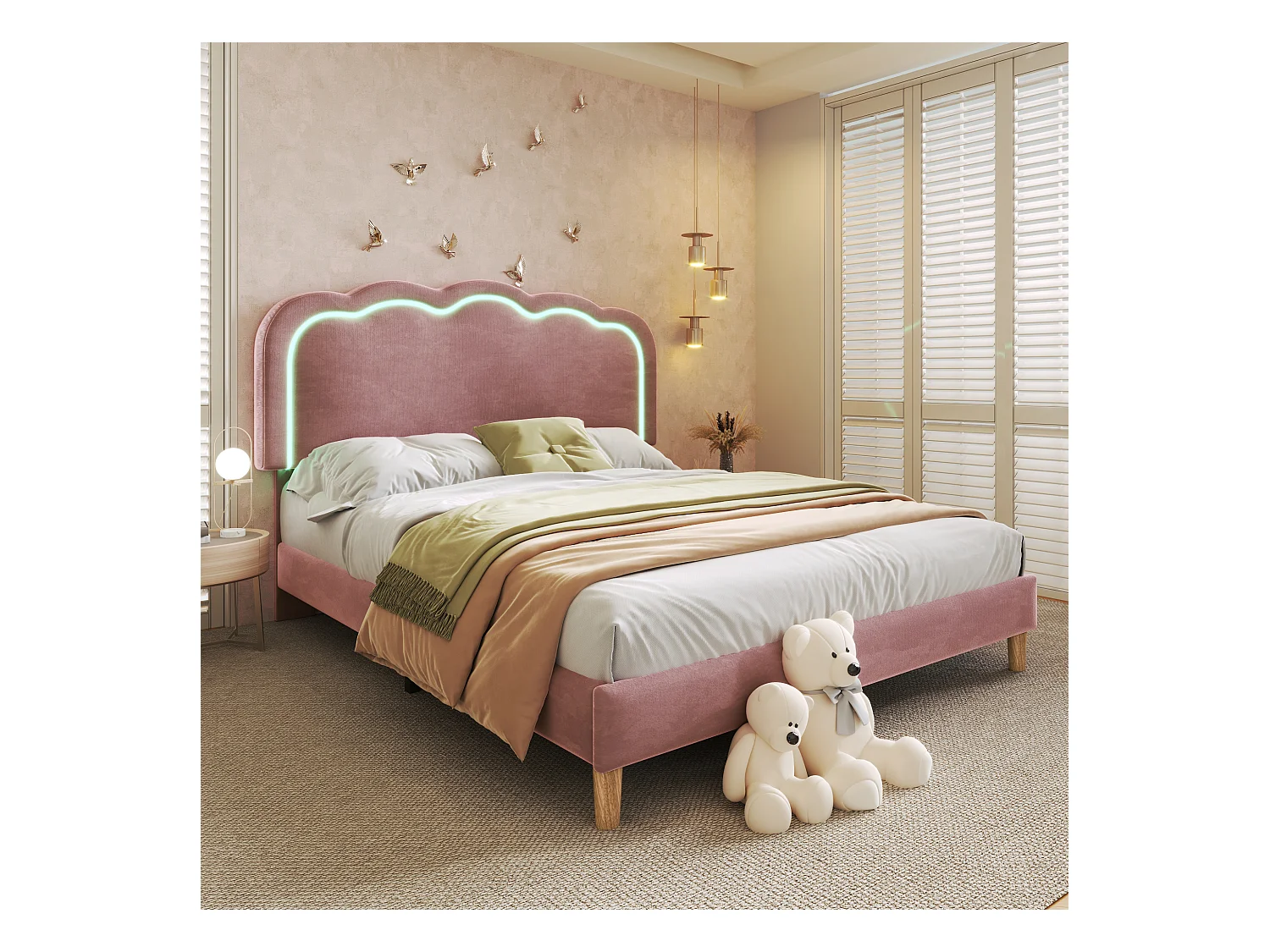 Lit rembourré Rose LED Twin 140 x 200 cm cadre de lit avec support à nouilles plat et tête de lit réglable