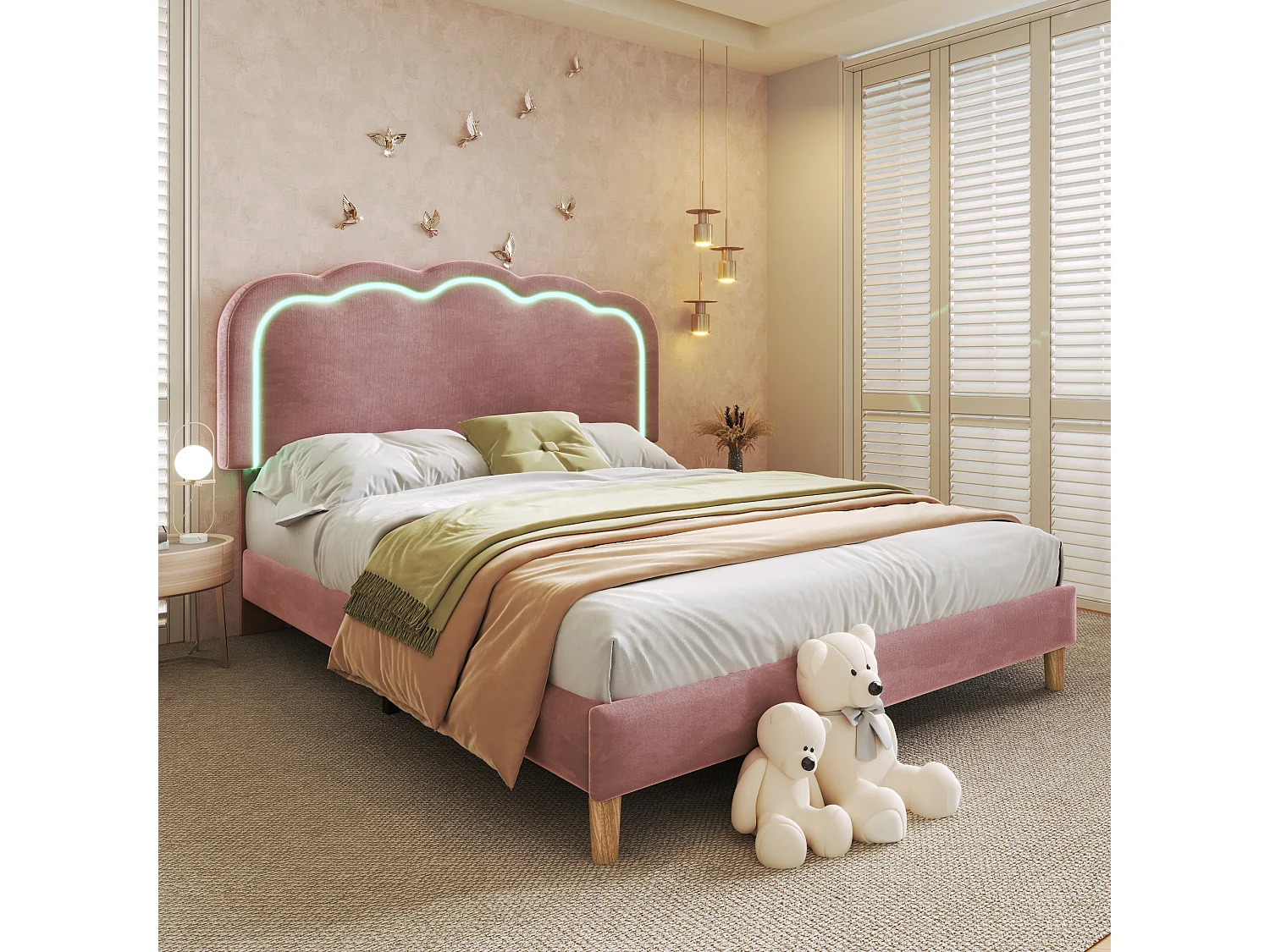 Cama acolchoada para adulto 180 x 1010 cm, sem cabeceira, com faixa LED (monocromática), base com suspensão hidráulica, bege.