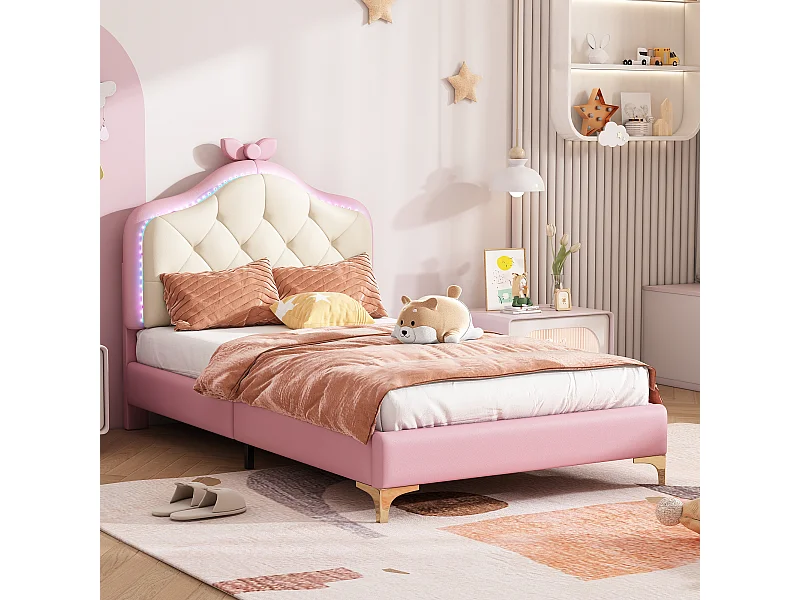 Letto singolo per bambini imbottito rosa 90x200cm, forma ondulata, con un punto di trazione alla testa del letto, fiocco rosa e striscia LED a colori alternati