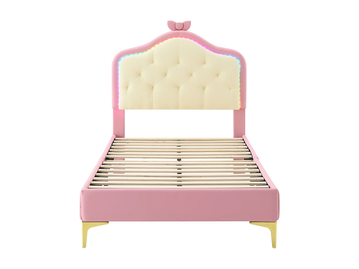 Lit simple rembourré enfants Rose 90x200cm, forme ondulée avec point de traction à la tête du lit, noeud rose avec bandes LED alternées colorées