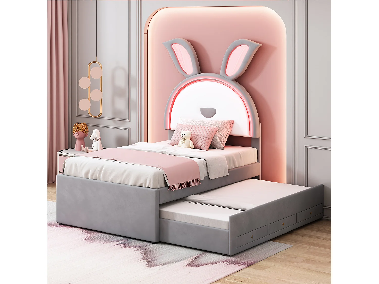 Graues Kinder-Einzelbett 90 x 200 cm, Samtstoff, mit ausziehbarem Bett, Aufbewahrungsschubladen und farbwechselnden LED-Leuchten