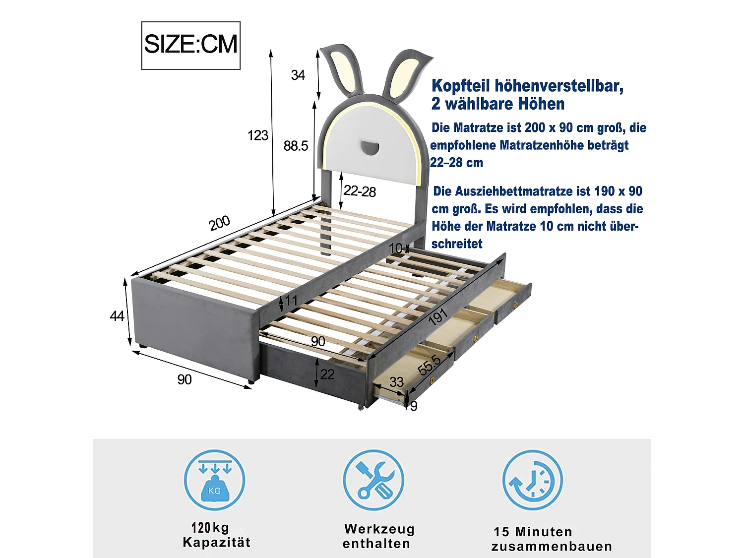 Graues Kinder-Einzelbett 90 x 200 cm, Samtstoff, mit ausziehbarem Bett, Aufbewahrungsschubladen und farbwechselnden LED-Leuchten