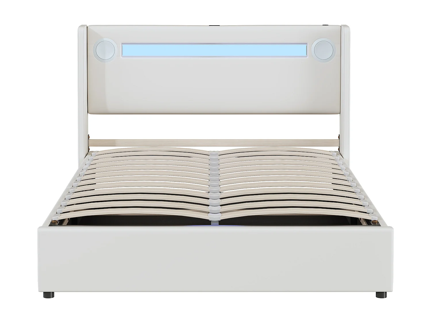 Cama doble tapizada 140x200 blanca, cama de almacenaje con lámpara LED, reproductor Bluetooth y carga USB, pu piel