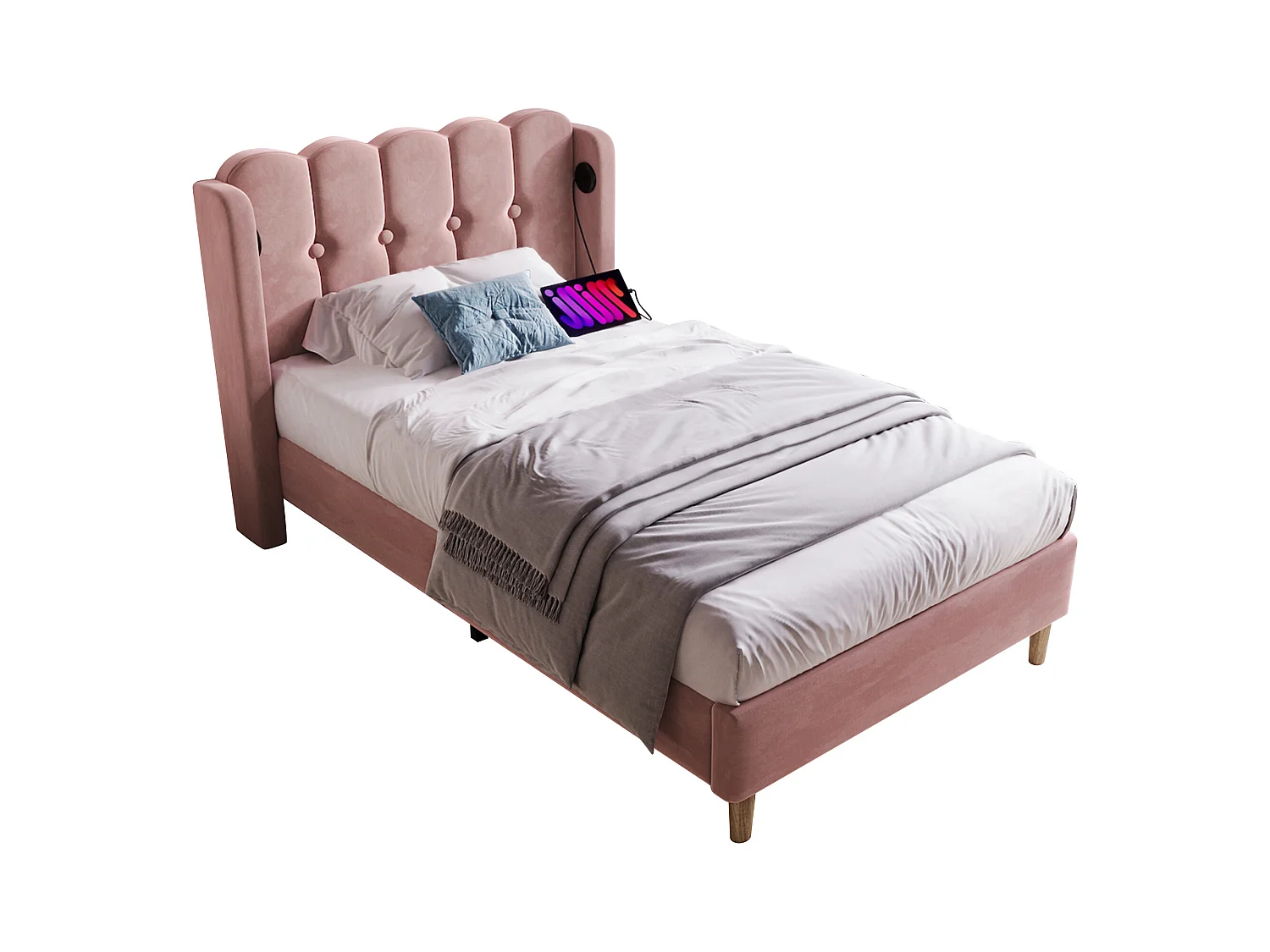 Rosa Polsterbett, 90 x 200 cm Einzelbett mit USB C-Ladefunktion, Bettrahmen mit flachem Nudelhalter