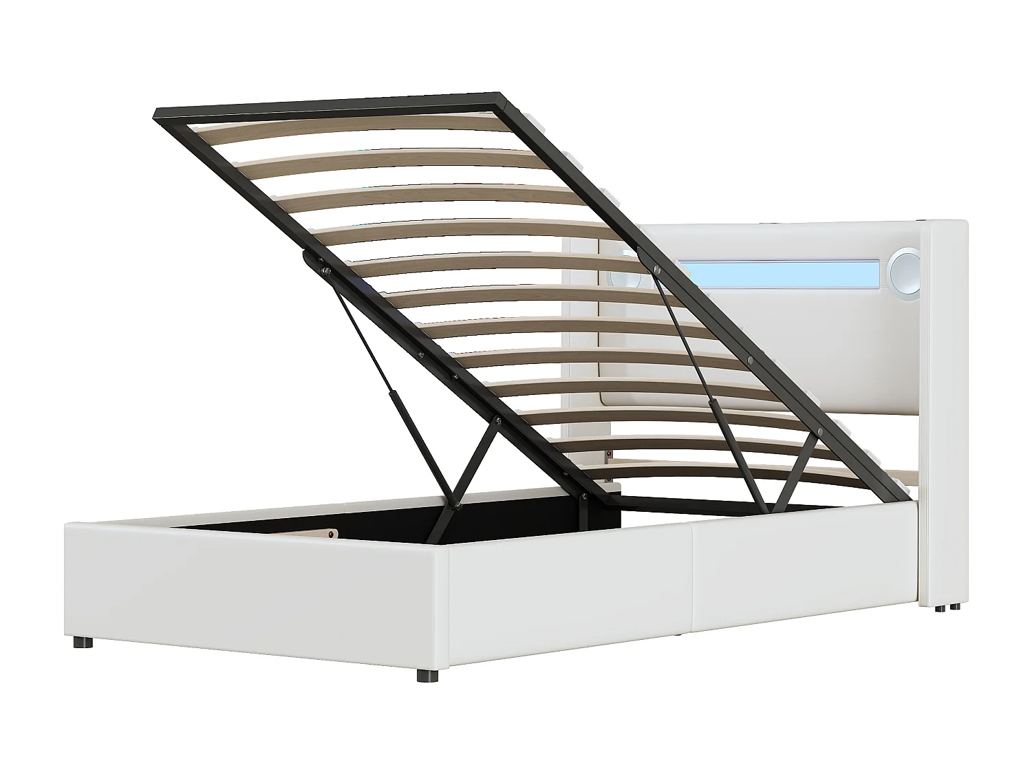 Cuna 90x200 ,con tira LED, reproductor Bluetooth y cargador USB, PU cuero