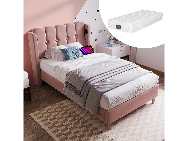 Cama individual de terciopelo tapizada Rose de 90 x 200 cm con función de carga USB tipo C somier de láminas (con colchón)