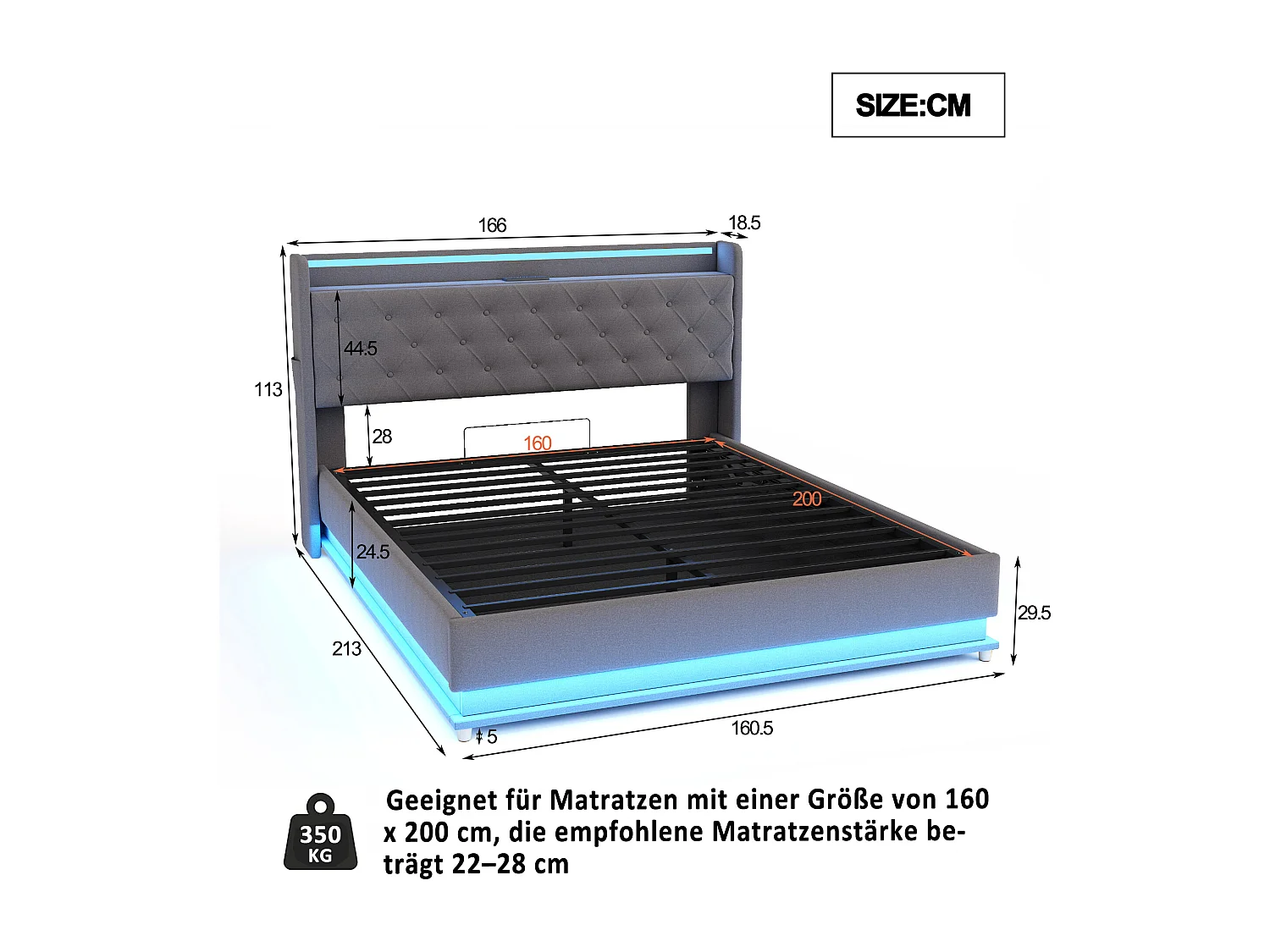 Lit rembourré LED gris 160 * 200 cm, Lin pro - peau avec port de charge USB et stockage hydraulique