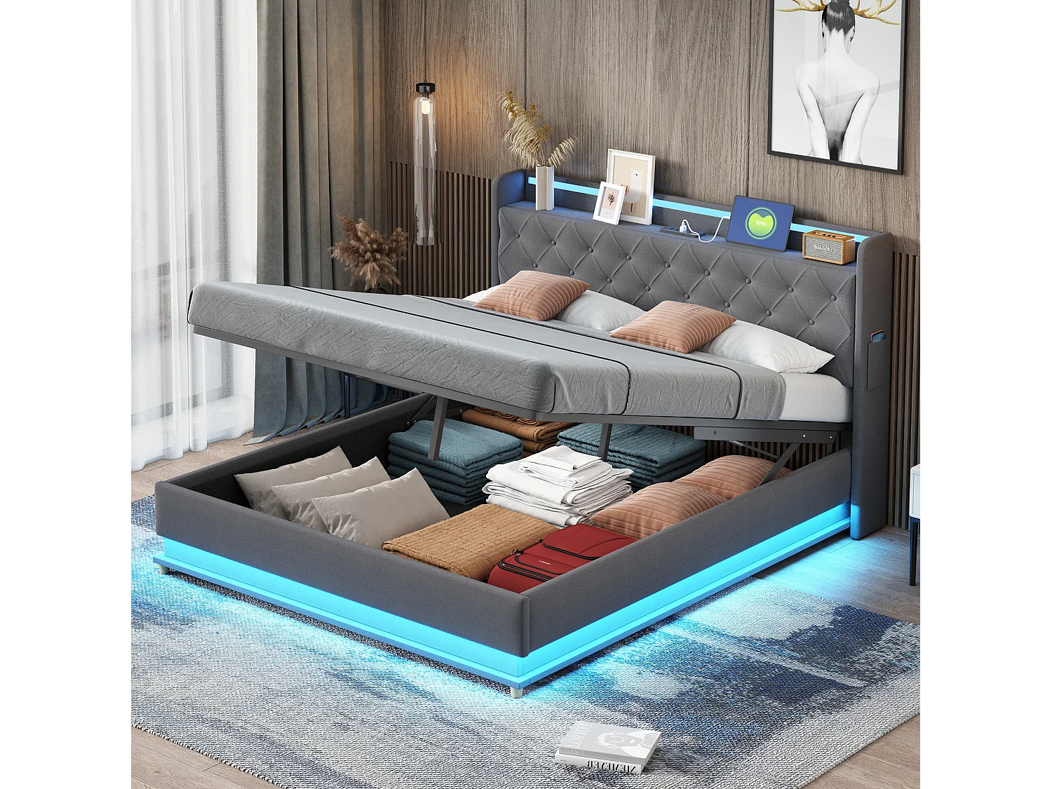Lit rembourré LED gris 160 * 200 cm, Lin pro - peau avec port de charge USB et stockage hydraulique