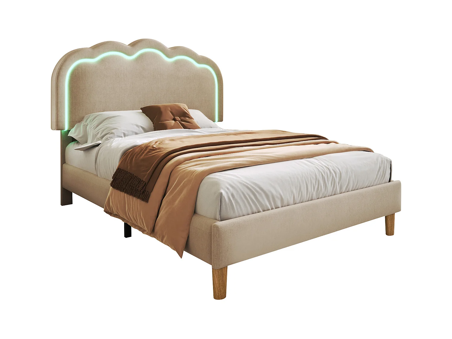Lit rembourré beige lit simple LED 90 x 200 cm, cadre de lit avec support à nouilles plat et tête de lit réglable