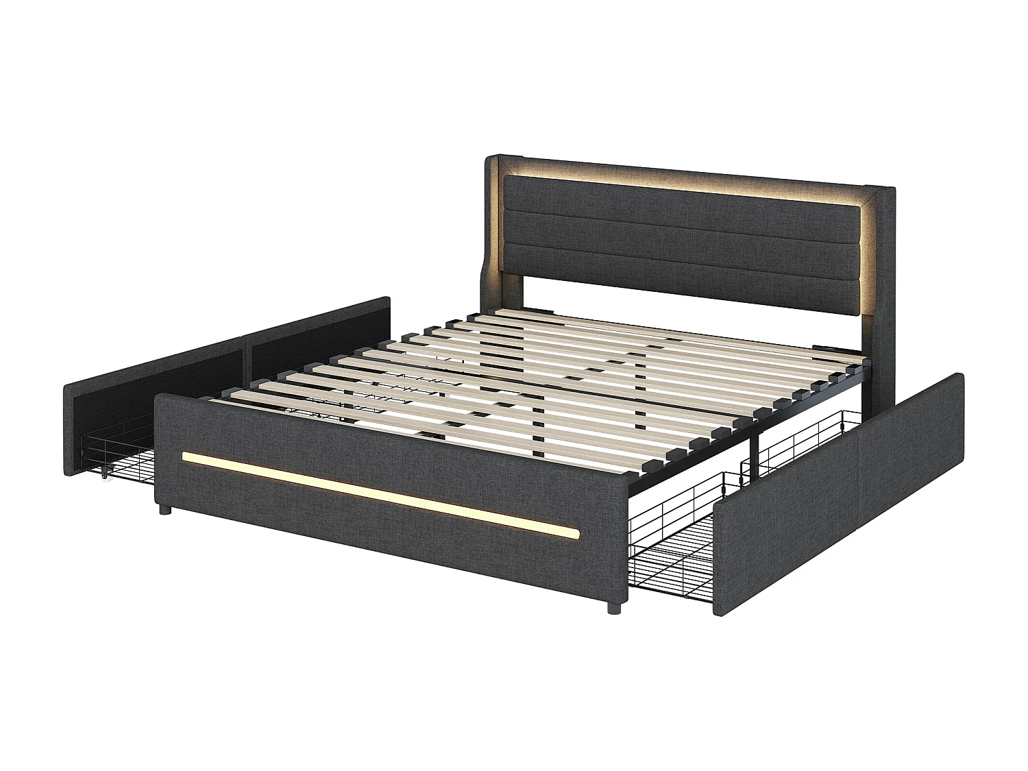 Cama doble tapizada 160 * 200 gris, Lino, con iluminación LED que cambia de color y somier de láminas (colchón no incluido)